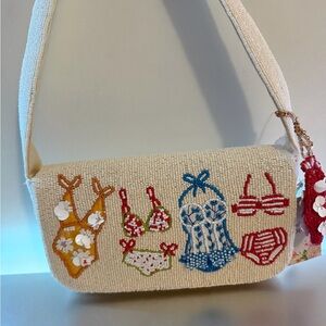Beaded Cream Crossbody Bag with Colorful Swimsuit Motif